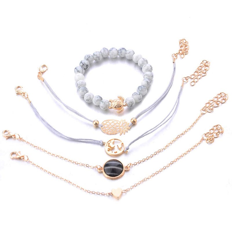 VONRU Beaded Bracelets for Women - Adjustable Charm Pendent Stack Bracelets For Women Friendship Gift Rose Quartz Bracelet Links with Pearl Gold Plated 5pcs/Set - Image 4